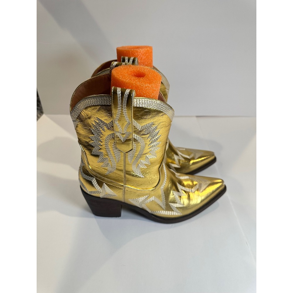 Western Metallic Gold Cowboy Boots Women's Size 7.5 Embroidered Excellent
